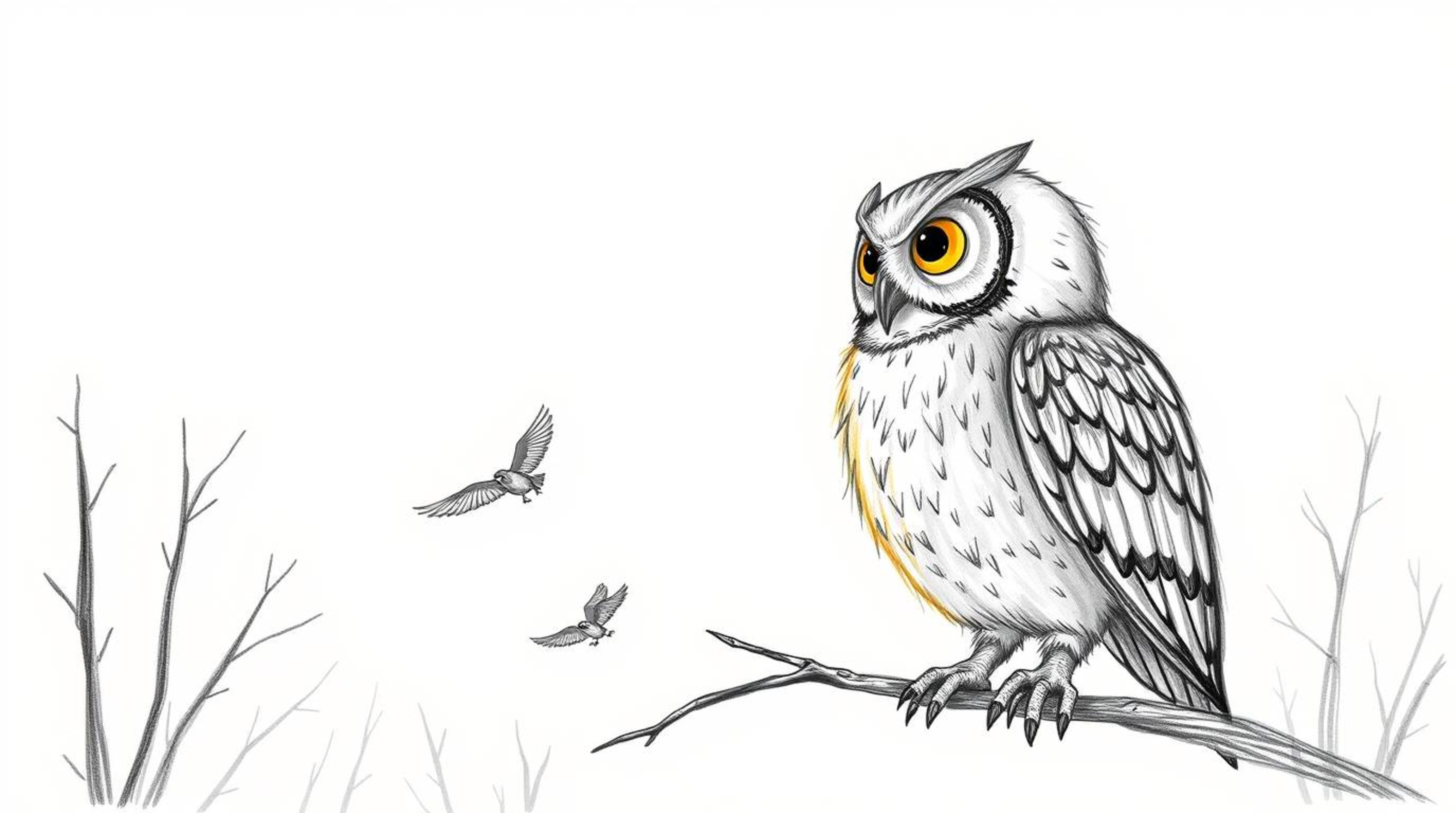 A charming hand-drawn sketch in the style of Pixar depicts a wise, blind owl with soft downy feathers, patiently teaching sma