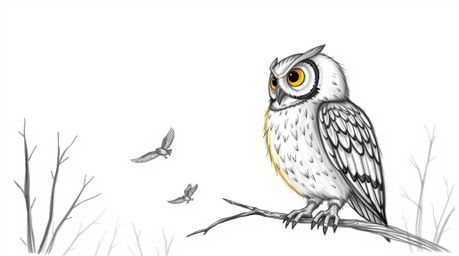 A charming hand-drawn sketch in the style of Pixar depicts a wise, blind owl with soft downy feathers, patiently teaching sma
