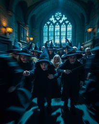 Explore a captivating magical school teeming with young wizards, dynamically captured in motion. This scene utilizes high con
