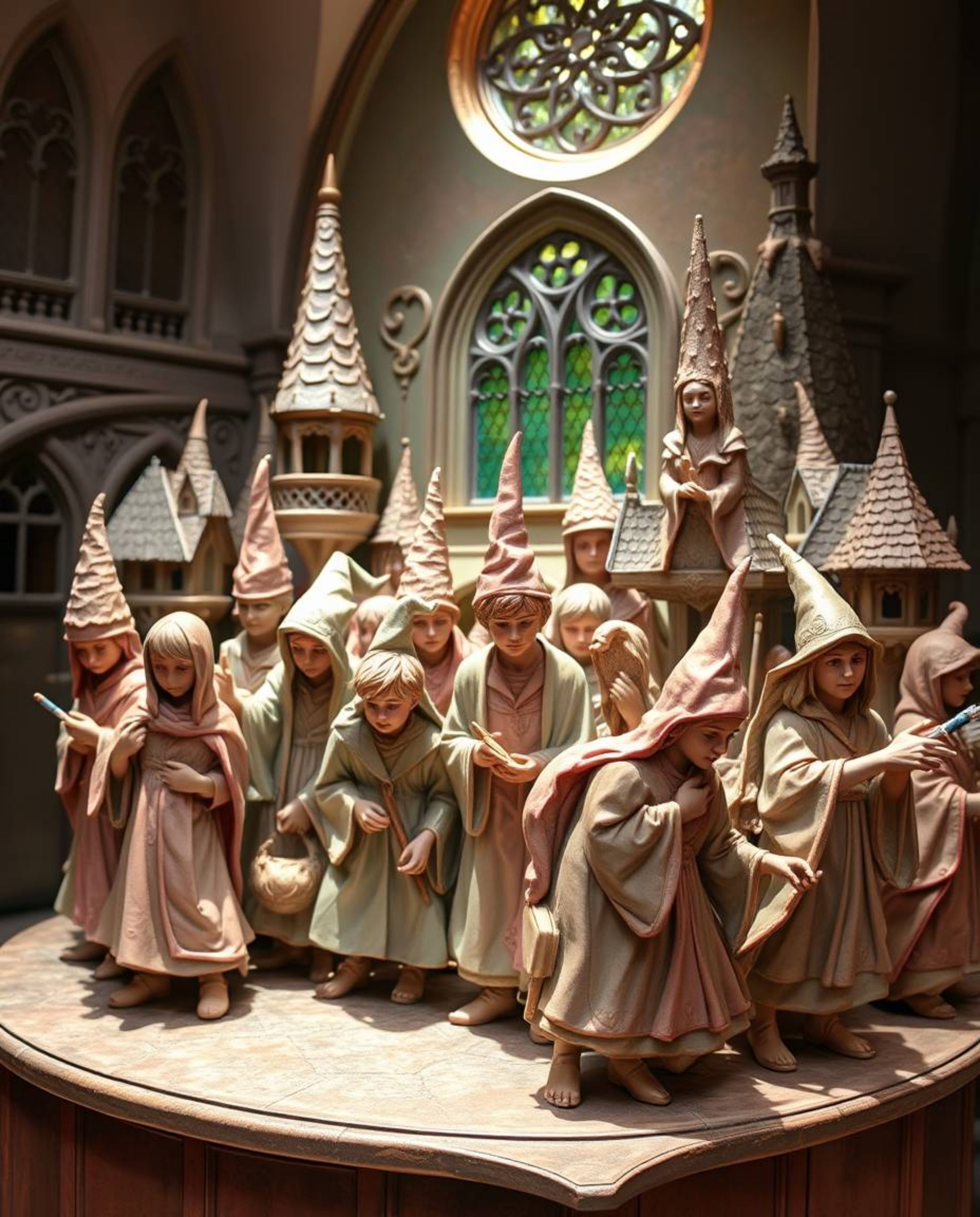 This cast bronze sculpture depicts a magical school brimming with young wizards. The artwork employs a soft pastel color pale