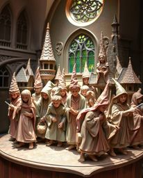 This cast bronze sculpture depicts a magical school brimming with young wizards. The artwork employs a soft pastel color pale