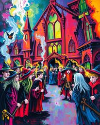 Discover a captivating bold acrylic painting depicting a magical school brimming with young wizards.  The artwork explodes wi