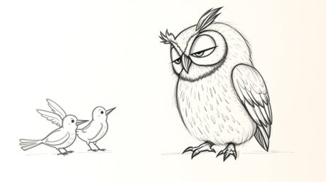 A charming, textured hand-drawn sketch in a Pixar-like style depicts a wise, blind owl with subtle facial features guiding bi