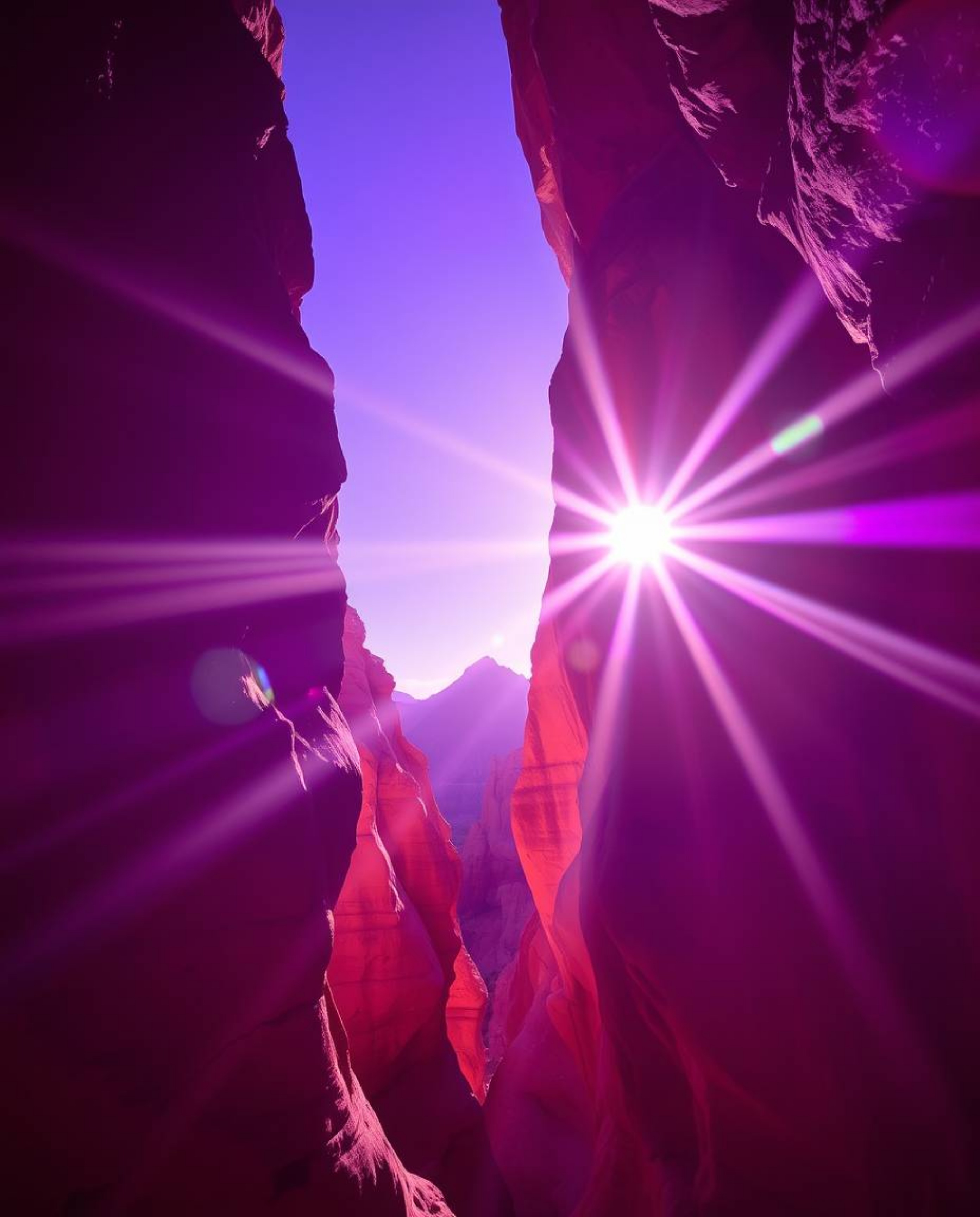 A dramatic scene unfolds as deep ultraviolet hues accentuate sandstone cliffs illuminated by a canyon sunset. A bright lens f
