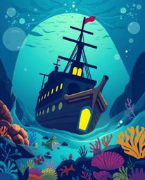 This modern flat design illustration showcases a captivating shipwreck illuminated deep underwater. The artwork features brig