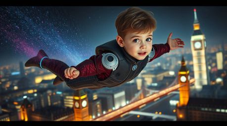 A young boy with light brown hair and freckles soars above a beautifully rendered London at night, propelled by shimmering bu