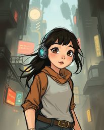 Explore the captivating world of a young inventor girl in a misty, textured futuristic city, brought to life with a complemen