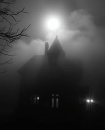A classic black and white photograph capturing a fog-shrouded Victorian mansion bathed in moonlight. The image emphasizes tim
