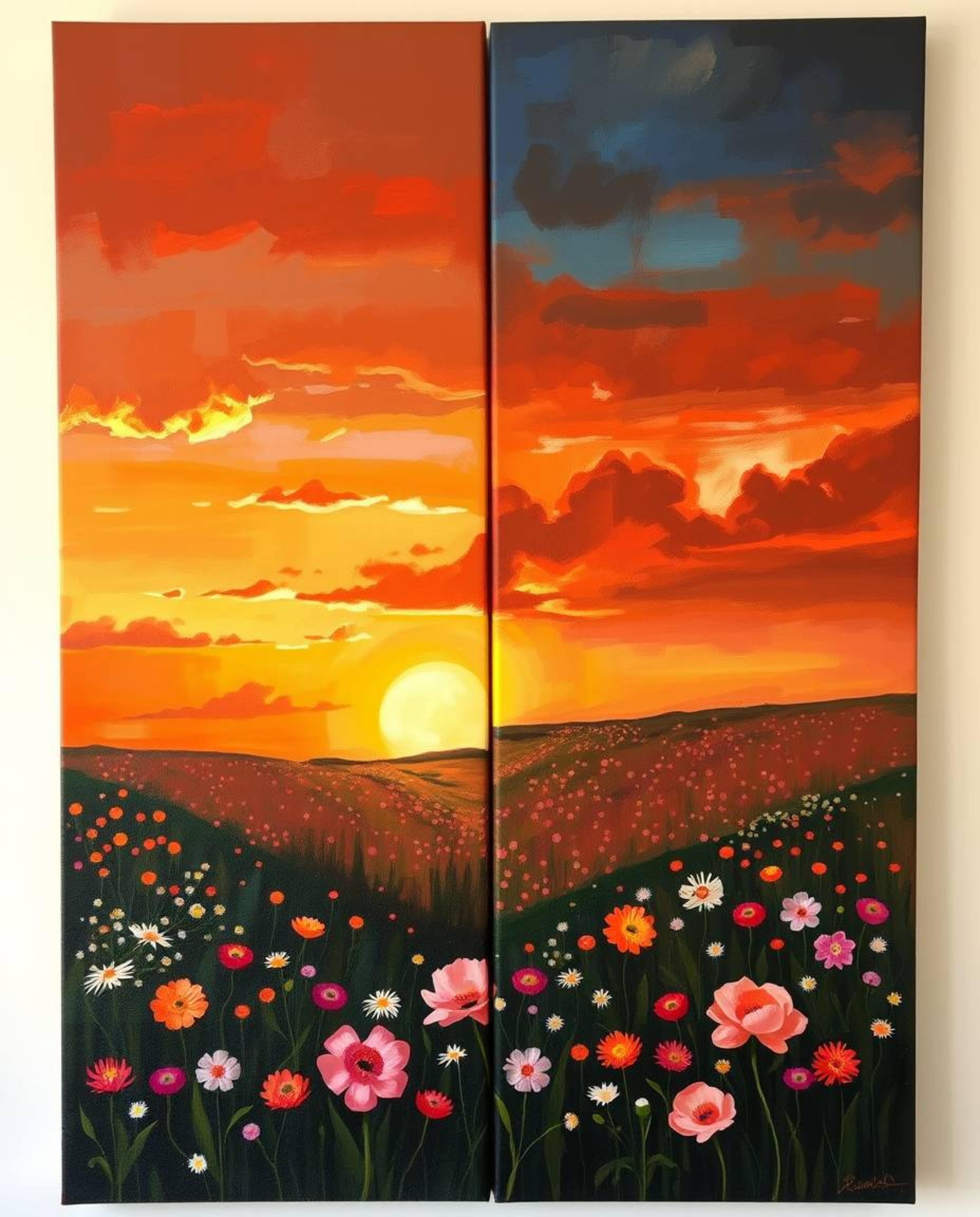 A classic oil painting depicting a unique split sunset over a spring wildflower meadow. The composition is creatively divided