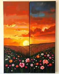 A classic oil painting depicting a unique split sunset over a spring wildflower meadow. The composition is creatively divided