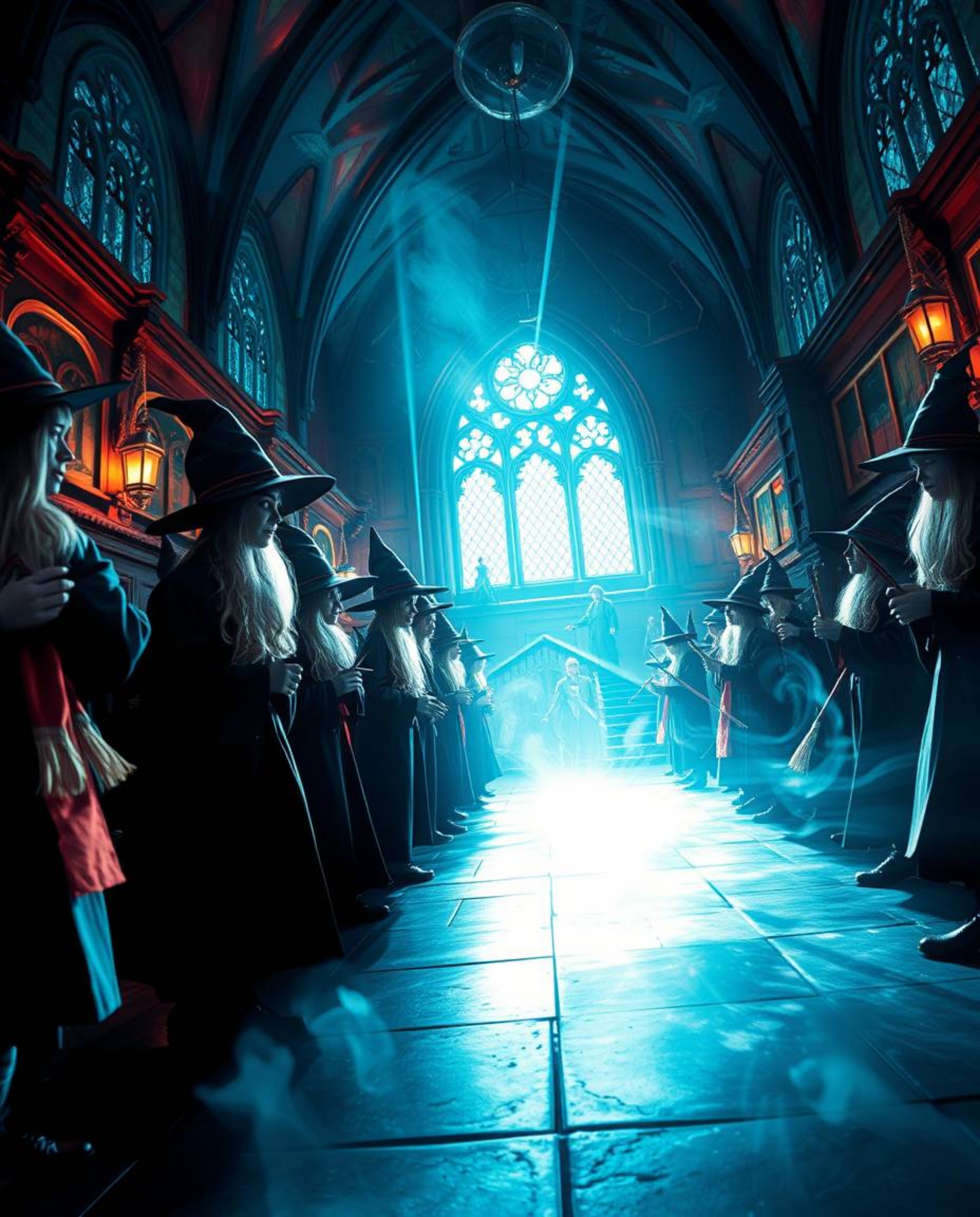 A creative light art piece captures a magical school brimming with young wizards, viewed from a dramatic low angle. The artwo