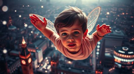 A captivating image depicts a young boy with delicate features soaring above London, propelled by magical pixie dust. The sce