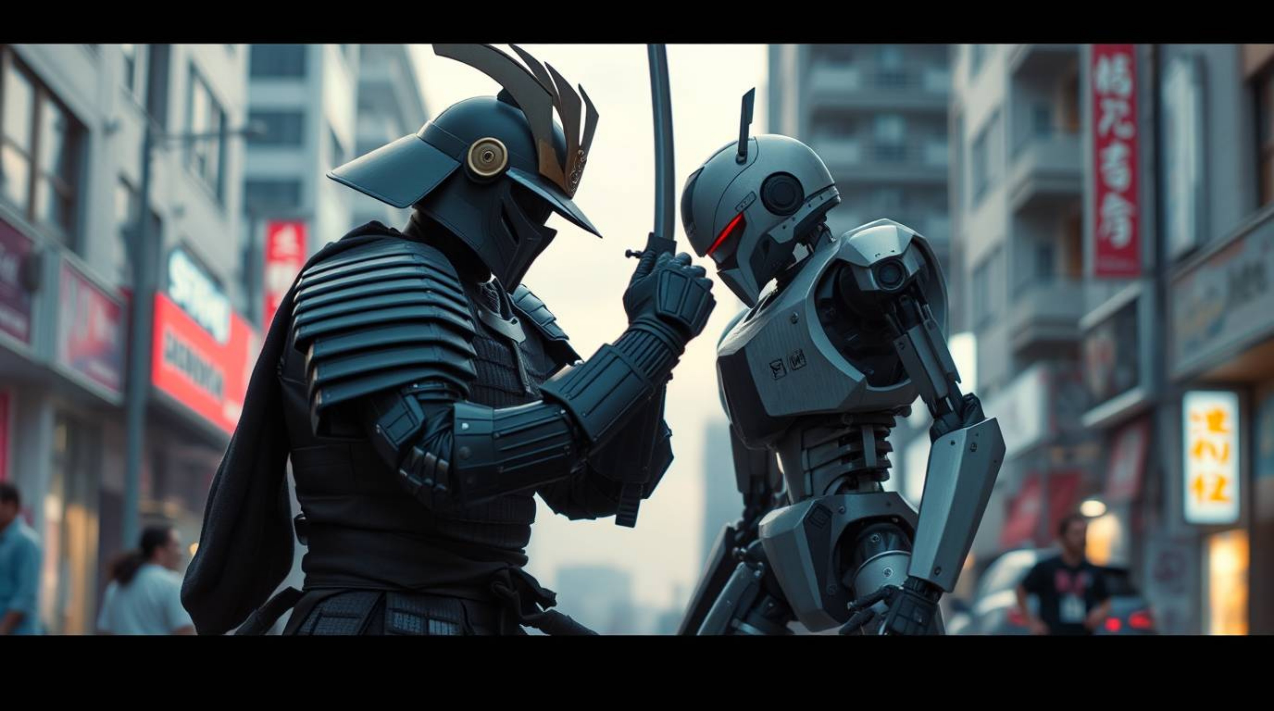 A spontaneous, candid moment captured in a soft pastel-colored dystopian city depicts a samurai and a robot locked in an unex