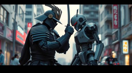 A spontaneous, candid moment captured in a soft pastel-colored dystopian city depicts a samurai and a robot locked in an unex