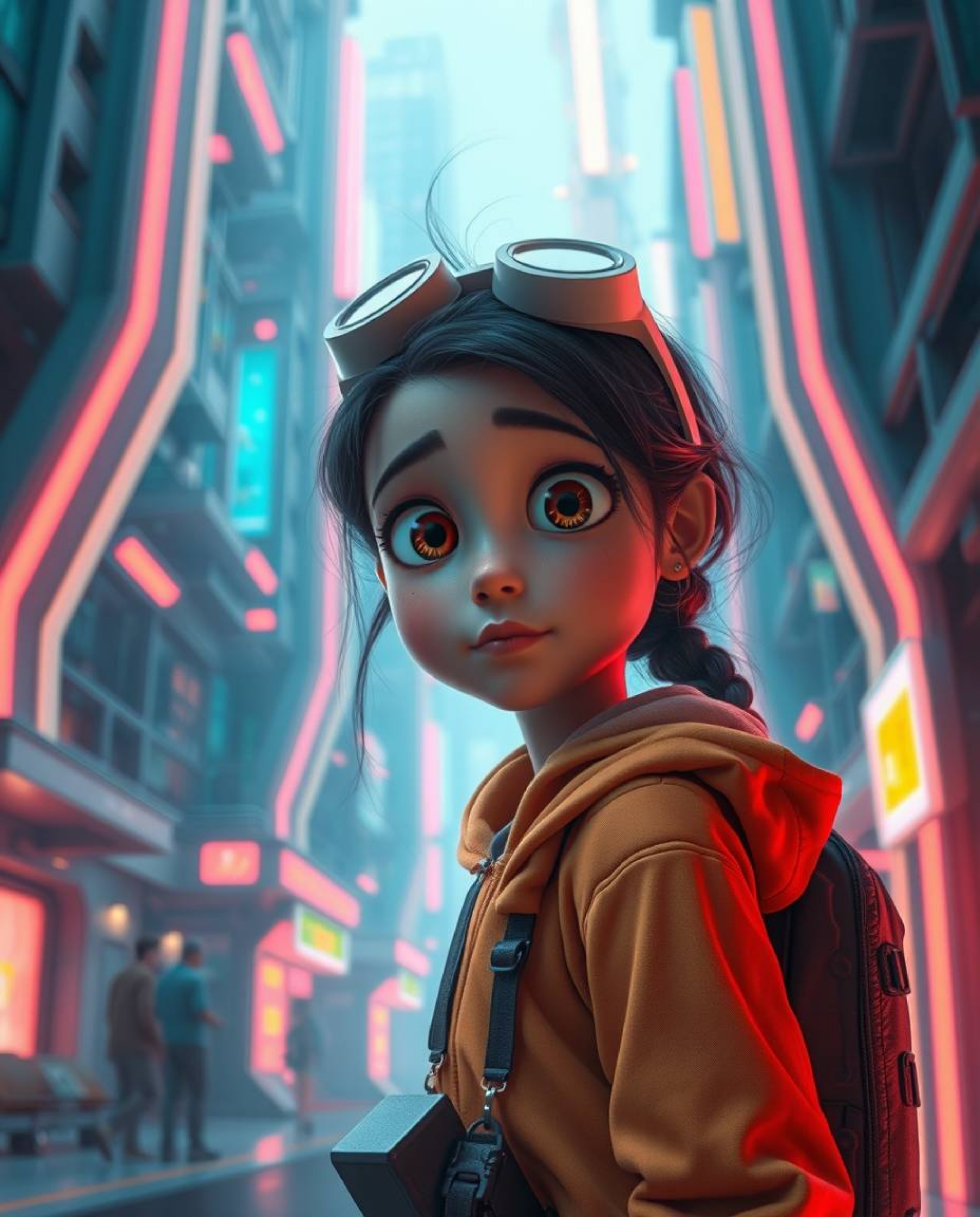 This captivating image showcases a young inventor girl with a curious expression, set against the backdrop of a futuristic ci
