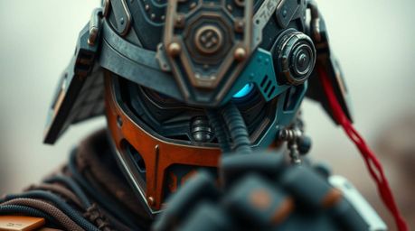 Explore an extreme macro close-up of a samurai battling a robot in a dystopian world, featuring a captivating color palette o