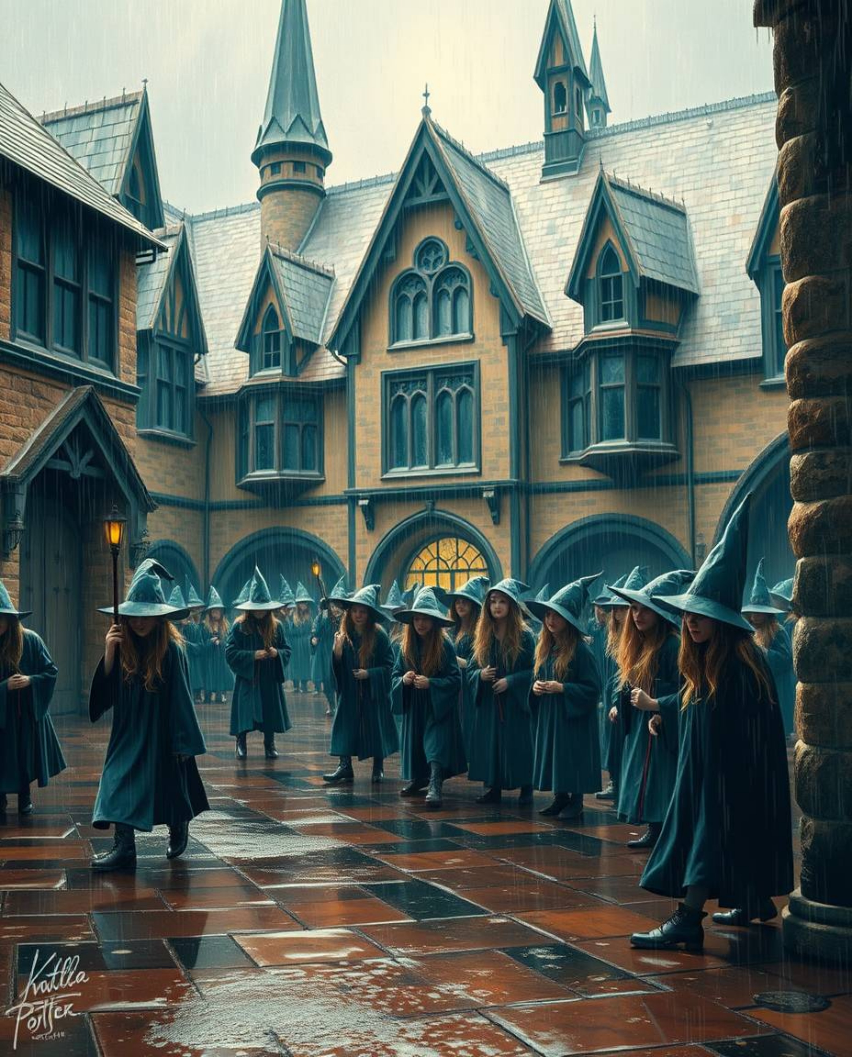 Step into a magical school teeming with young wizards, a haven of warm terracotta and cool teal tones. This scene captures a