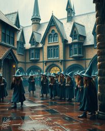 Step into a magical school teeming with young wizards, a haven of warm terracotta and cool teal tones. This scene captures a