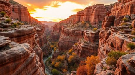 Experience the breathtaking beauty of a rocky canyon bathed in the warm hues of a setting sun. This image captures the rich, 