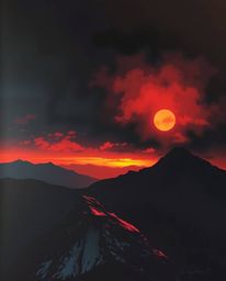 This moody style painting depicts a sunset as seen from a high alpine peak, characterized by its intense and dramatic lightin
