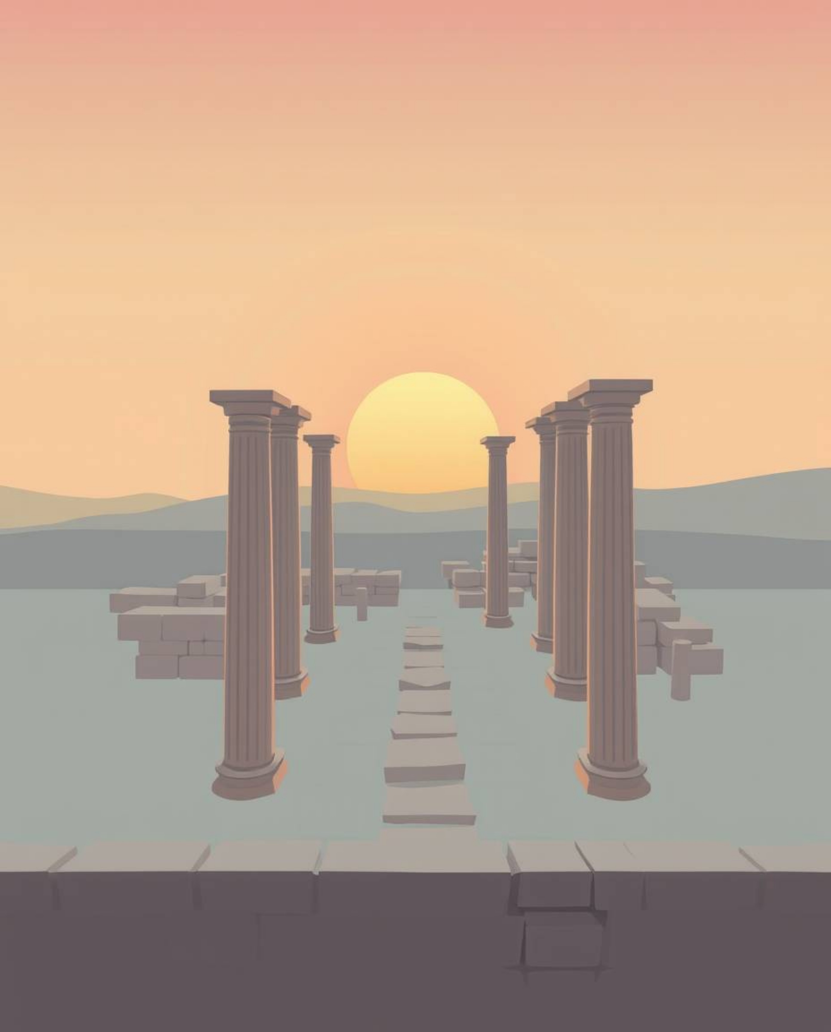 A modern flat design, viewed from a high angle, shows ancient stone ruins in soft pastel colors as the sun sets. This image f
