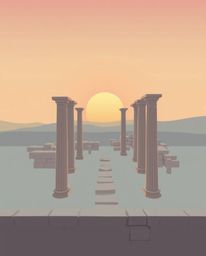 A modern flat design, viewed from a high angle, shows ancient stone ruins in soft pastel colors as the sun sets. This image f