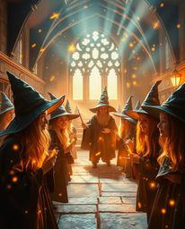 Explore a captivating magical school brought to life through creative light art. Witness young wizards bathed in warm golden 