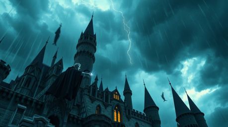 A dramatic high-angle shot captures a classic Disney villain casting a spell within an ancient castle. Intense, stormy skies
