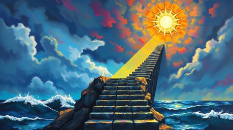 A bold acrylic painting depicts a dramatic ocean staircase ascending into a stormy sky, illuminated by a divine sunburst.  Th