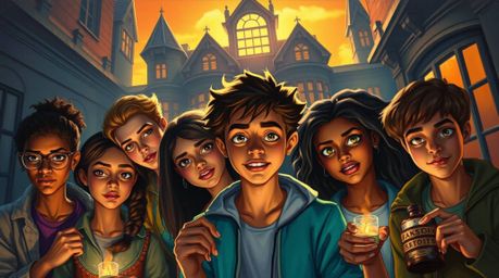 A captivating oil painting depicts a group of diverse teenagers unraveling a mystery within a gothic haunted mansion bathed i