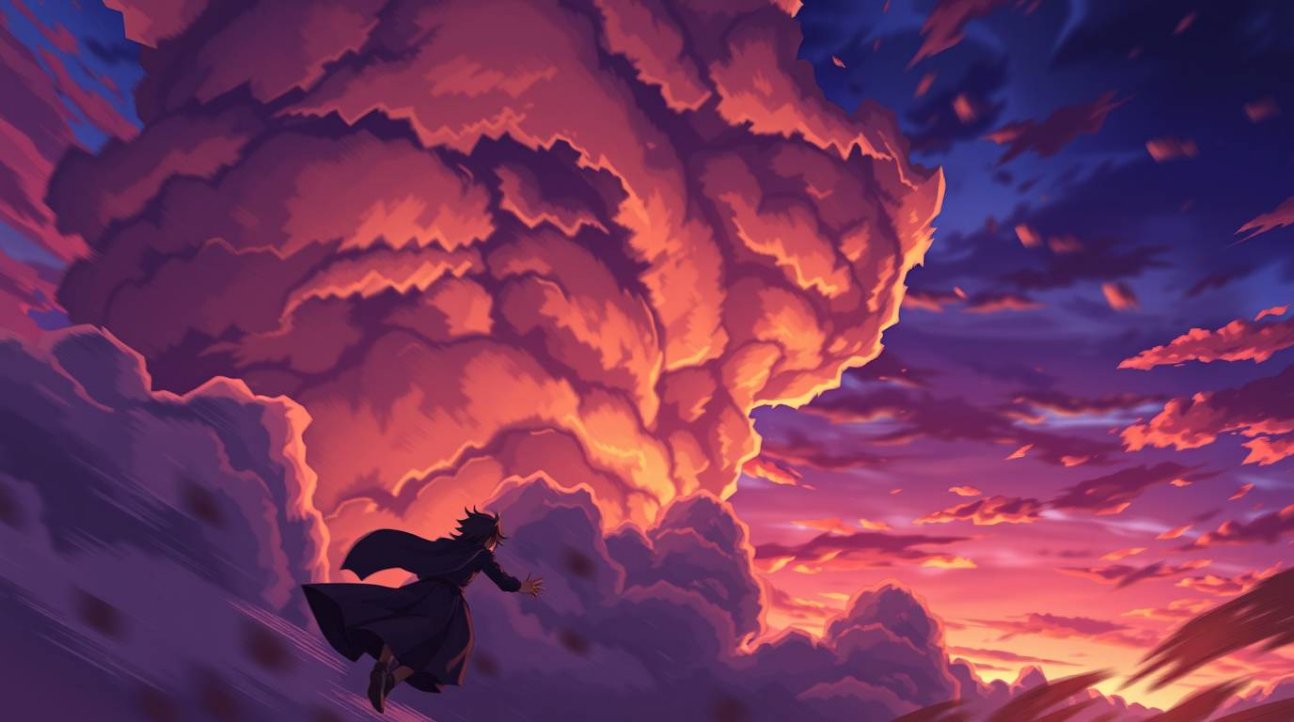 Experience the dynamic energy of an isekai anime scene featuring vibrant, motion-blurred thunderstorm clouds at sunset.  Char