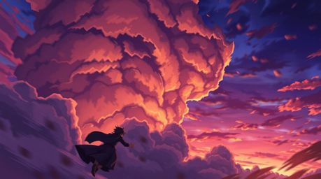 Experience the dynamic energy of an isekai anime scene featuring vibrant, motion-blurred thunderstorm clouds at sunset.  Char