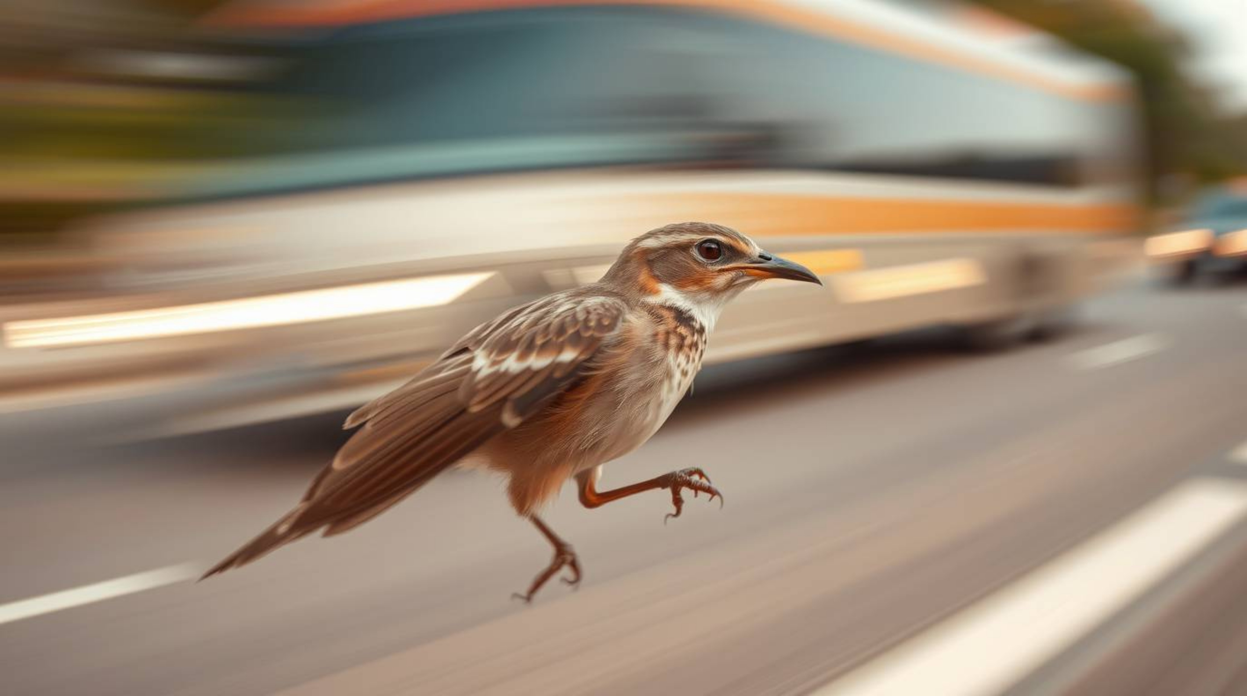 This image captures an extreme macro close-up of a fast-running bird as it zooms past traffic, showcasing a stunning display 