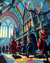 A captivating acrylic painting depicts a magical school brimming with young wizards. The low-angle perspective, bold colors,