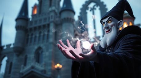 This high-resolution stock photo captures a classic Disney villain in the midst of casting a powerful spell within the imposi
