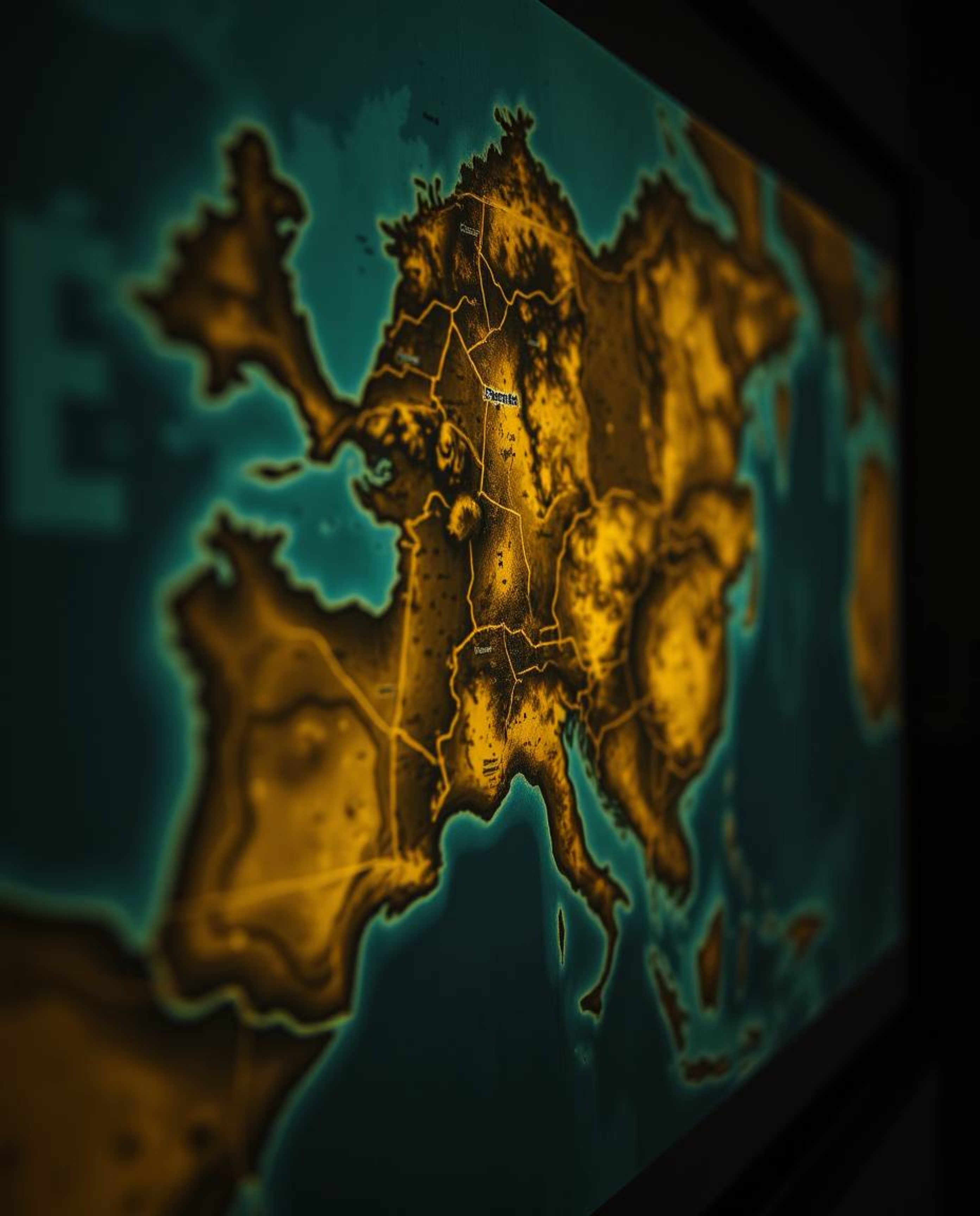 A captivating close-up reveals a luminous map projected onto a wall within a dimly lit, antique study. The detailed map featu