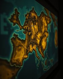 A captivating close-up reveals a luminous map projected onto a wall within a dimly lit, antique study. The detailed map featu