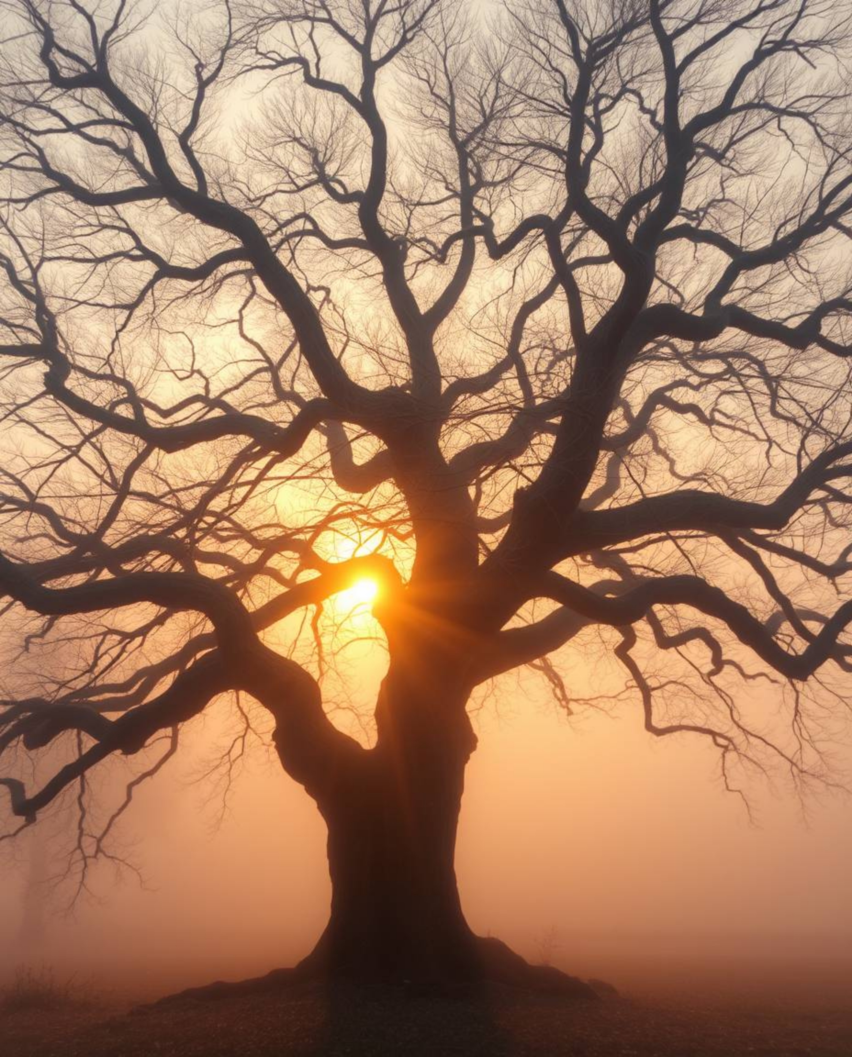An ethereal and spiritual vibe emanates from this artwork, depicting a sunset behind an old oak tree with twisted branches. R