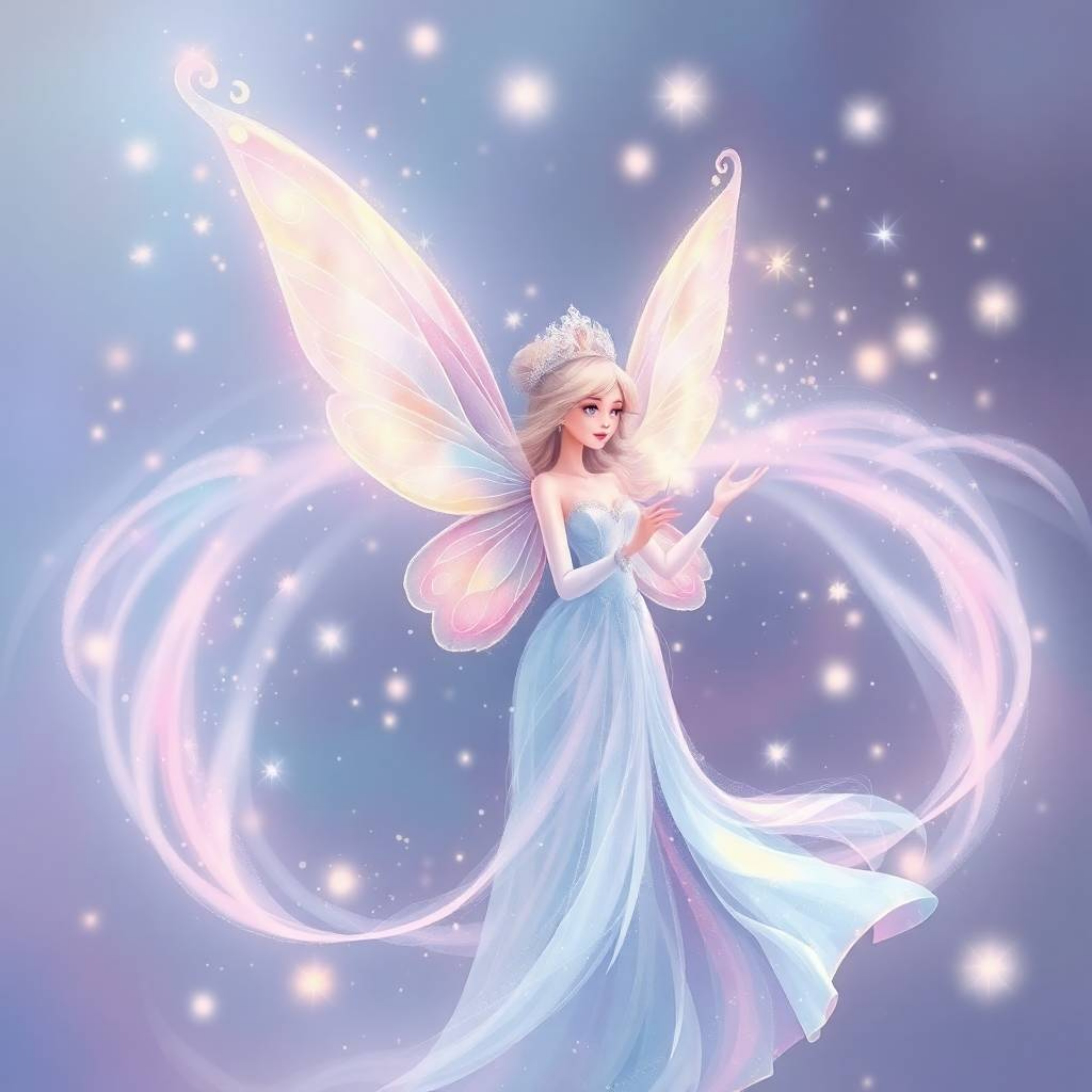 A soft pastel artwork capturing a fairy godmother in a mesmerizing swirl of sparkles. The artwork utilizes gentle and soothin