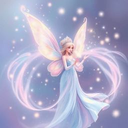 A soft pastel artwork capturing a fairy godmother in a mesmerizing swirl of sparkles. The artwork utilizes gentle and soothin