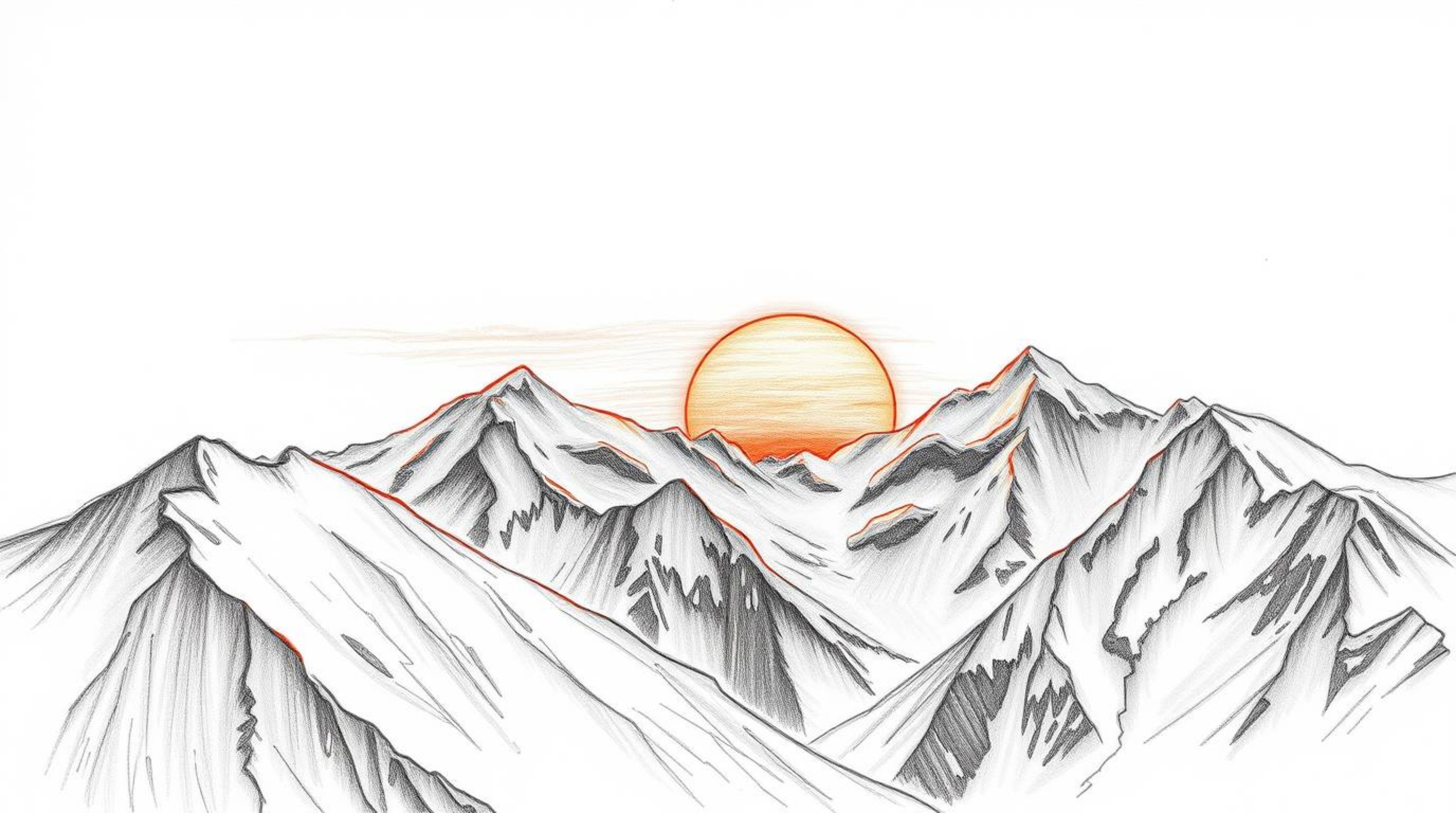 A dramatic hand-drawn sketch from a high angle, rendered in intense jet black, showcases snow-covered mountains bathed in the