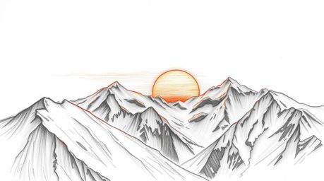 A dramatic hand-drawn sketch from a high angle, rendered in intense jet black, showcases snow-covered mountains bathed in the
