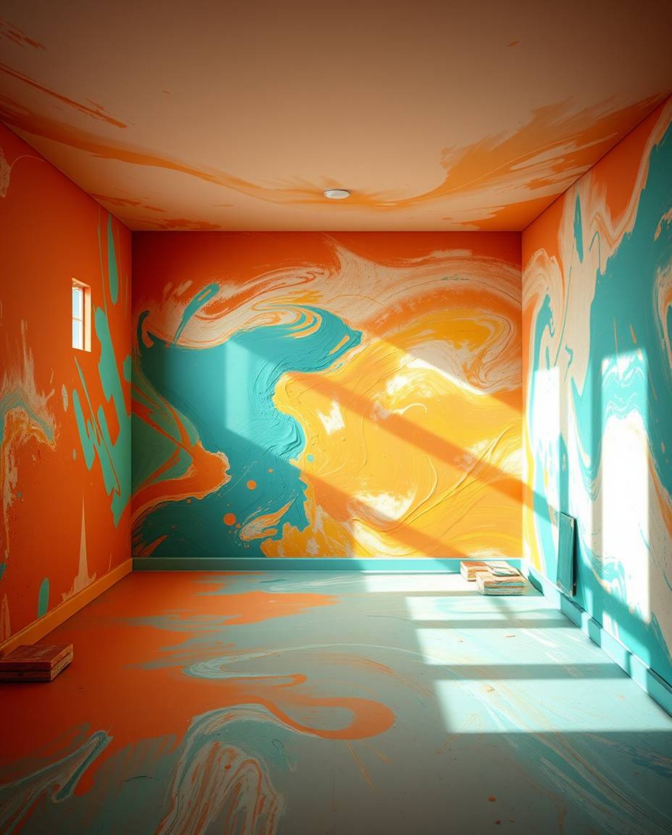 Immerse yourself in a dynamic room exploding with paint, captured in motion with a captivating blend of warm terracotta and c