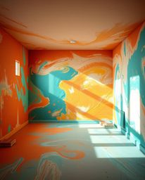 Immerse yourself in a dynamic room exploding with paint, captured in motion with a captivating blend of warm terracotta and c