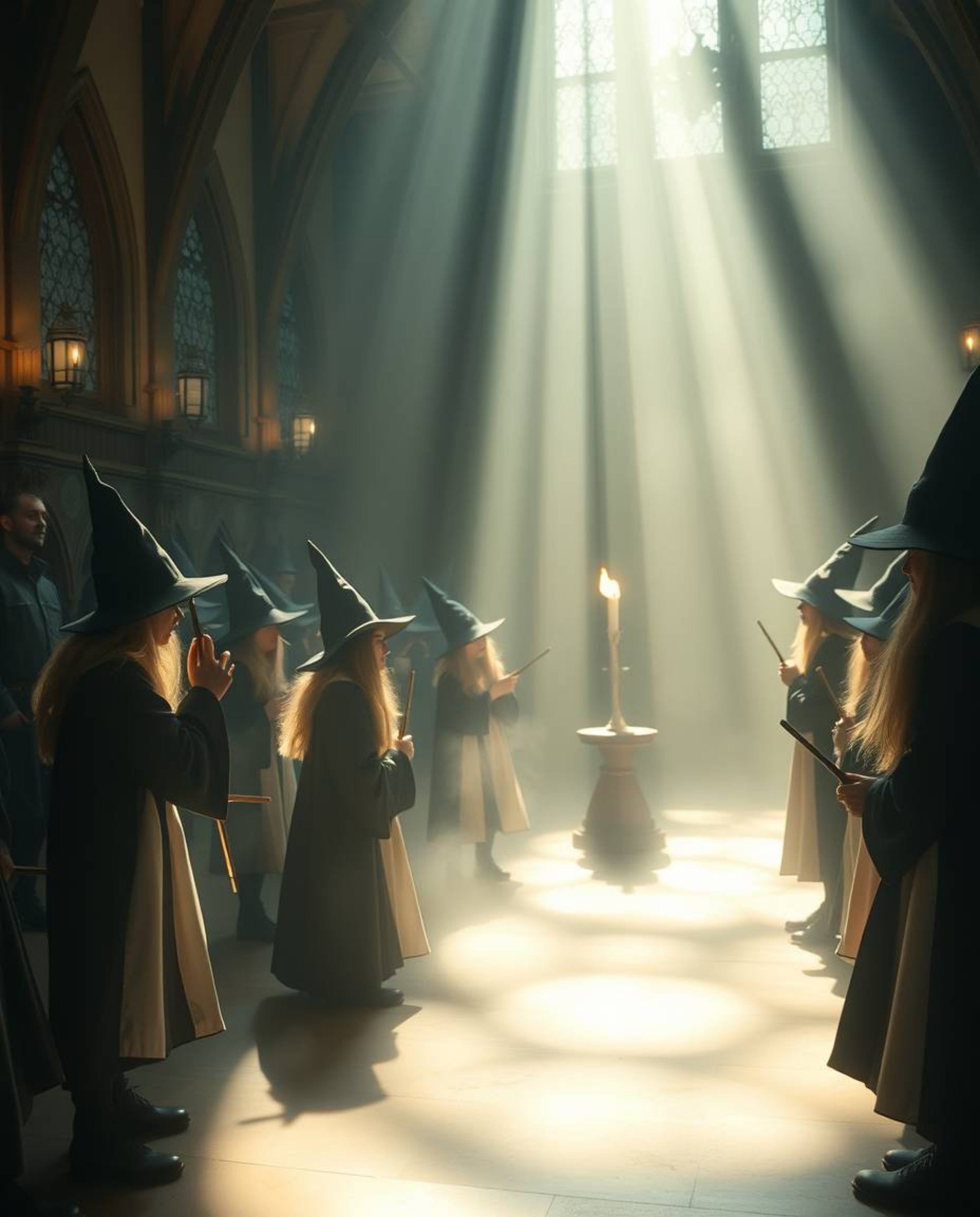 Step into a magical school brimming with young wizards, bathed in gentle soft light that evokes an ethereal and spiritual vib
