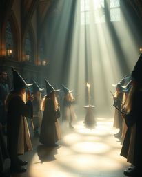 Step into a magical school brimming with young wizards, bathed in gentle soft light that evokes an ethereal and spiritual vib