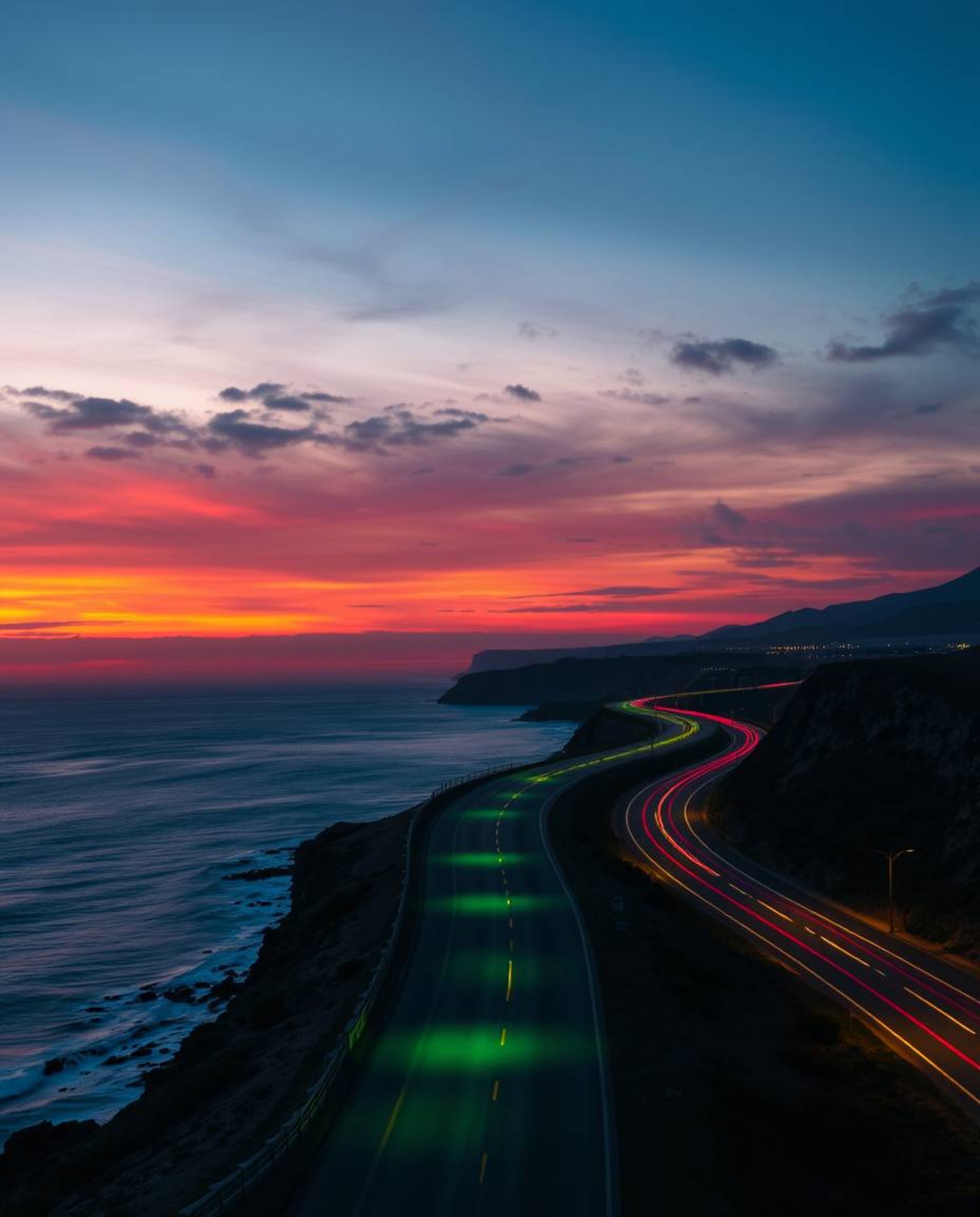 This artwork depicts a sunset sky over a winding coastal highway, rendered with glowing bioluminescent colors. The scene is c