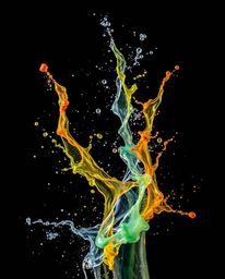 An artistic photograph captures dynamic colorful splashes frozen in motion against a stark black background. Illuminated by s