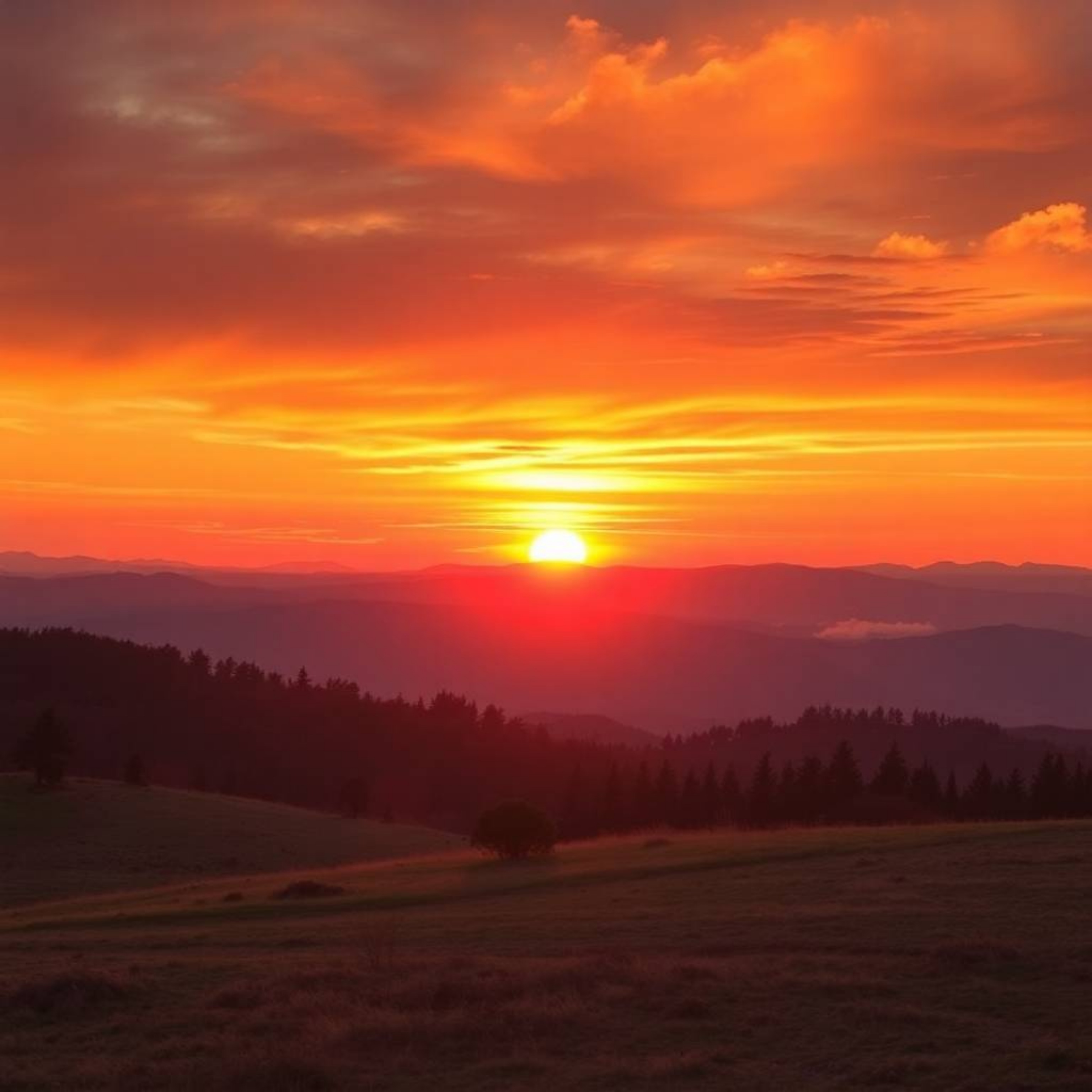 Capture the serene beauty of a sunset over a quiet mountain valley. This image showcases vibrant, complementary colors bathed