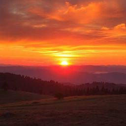 Capture the serene beauty of a sunset over a quiet mountain valley. This image showcases vibrant, complementary colors bathed